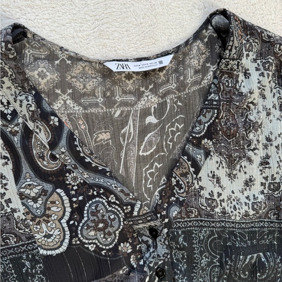 ZARA Boho Paisley Tiered Mini Dress Size M Sheer Long Sleeve Babydoll Tunic - Picture 3 of 16